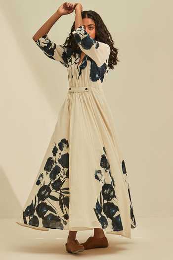 Kharakapas_Off White Cotton Plunge Neck Forest Print Dress _at_Aza_Fashions