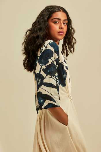 Buy_Kharakapas_Off White Cotton Plunge Neck Forest Print Dress 