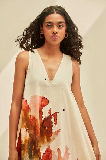 Buy_Kharakapas_Off White Cotton V-neck Poppy Fields Floral Print Dress _Online_at_Aza_Fashions