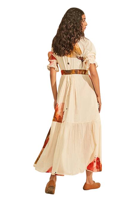Kharakapas_Off White Cotton V-neck Wild Poppy Printed Wrap Dress_at_Aza_Fashions