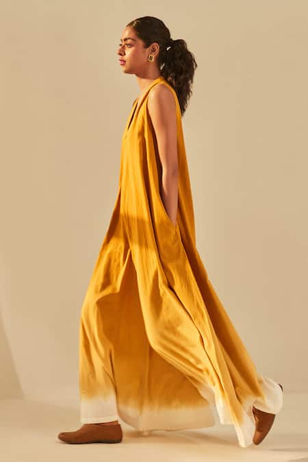 Kharakapas_Yellow Cotton V-neck Sky Ombre Jumpsuit _Online_at_Aza_Fashions