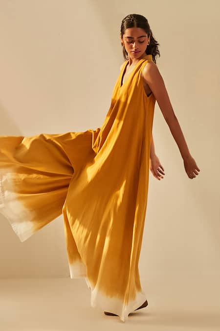 Buy_Kharakapas_Yellow Cotton V-neck Sky Ombre Jumpsuit _Online_at_Aza_Fashions