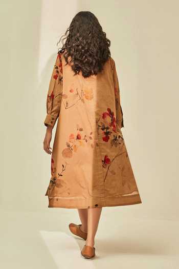 Shop Kharakapas Brown Cotton Collared Into The Woods Print Dress at Aza Fashions Shop_Kharakapas_Brown Cotton Collared Into The Woods Print Dress _at_Aza_Fashions