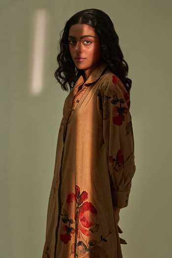 Shop Kharakapas Brown Cotton Collared Into The Woods Print Dress Online at Aza Fashions Shop_Kharakapas_Brown Cotton Collared Into The Woods Print Dress _Online_at_Aza_Fashions