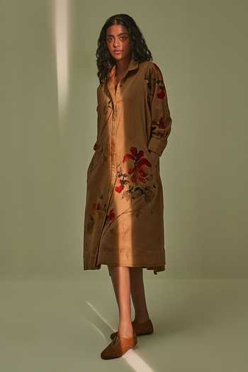 Kharakapas Brown Cotton Collared Into The Woods Print Dress at Aza Fashions Kharakapas_Brown Cotton Collared Into The Woods Print Dress _at_Aza_Fashions