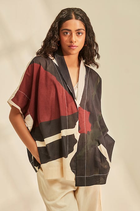 Kharakapas_Black Cotton Shawl Neck Abba Abstract Print Shrug _Online_at_Aza_Fashions