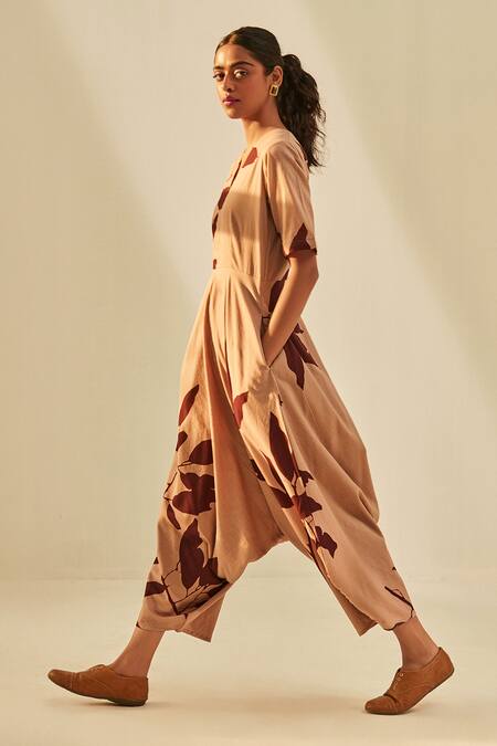 Kharakapas_Brown Cotton V-neck Brunet Leaf Print Jumpsuit _Online_at_Aza_Fashions