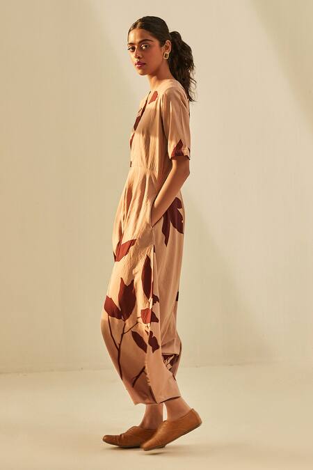 Buy_Kharakapas_Brown Cotton V-neck Brunet Leaf Print Jumpsuit _Online_at_Aza_Fashions
