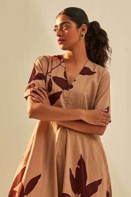 Shop_Kharakapas_Brown Cotton V-neck Brunet Leaf Print Jumpsuit _Online_at_Aza_Fashions