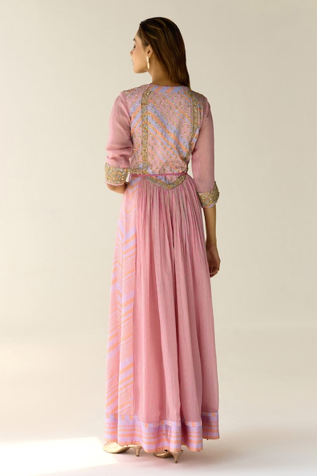 Shop_Shyam Narayan Prasad_Purple Cotton Satin, Chiffon Zari Round Neck Chevron Print Anarkali Set _at_Aza_Fashions