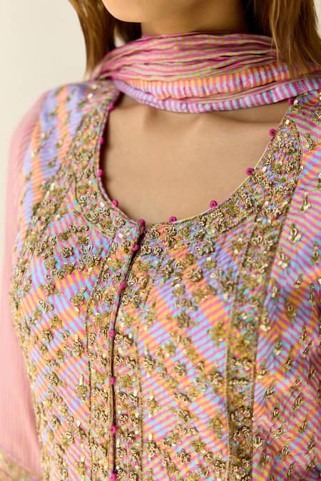 Shyam Narayan Prasad_Purple Cotton Satin, Chiffon Zari Round Neck Chevron Print Anarkali Set _Online_at_Aza_Fashions