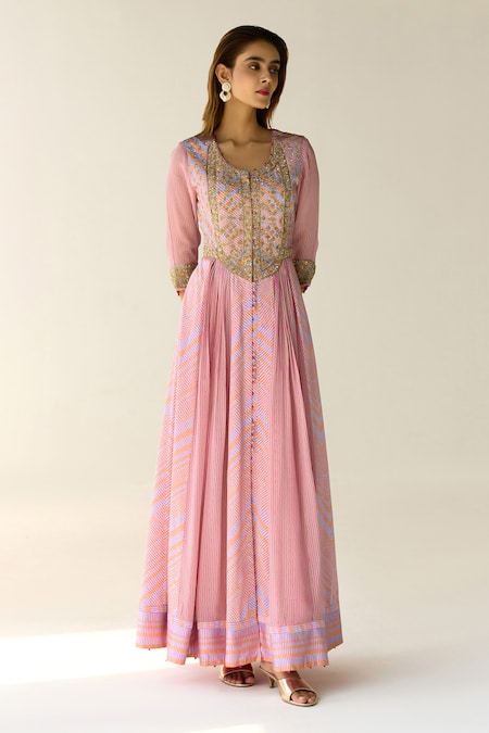 Shop_Shyam Narayan Prasad_Purple Cotton Satin, Chiffon Zari Round Neck Chevron Print Anarkali Set _Online_at_Aza_Fashions