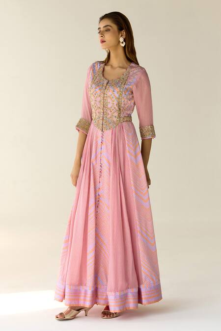 Shyam Narayan Prasad_Purple Cotton Satin, Chiffon Zari Round Neck Chevron Print Anarkali Set _at_Aza_Fashions