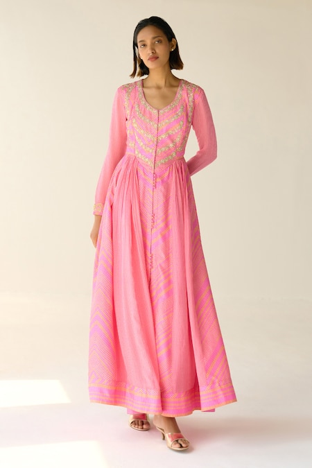 Shop_Shyam Narayan Prasad_Pink Cotton Satin, Chiffon Zari, Sequins Round Neck Printed Anarkali Pant Set _at_Aza_Fashions