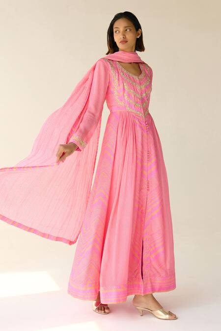 Shyam Narayan Prasad_Pink Cotton Satin, Chiffon Zari, Sequins Round Neck Printed Anarkali Pant Set _Online_at_Aza_Fashions