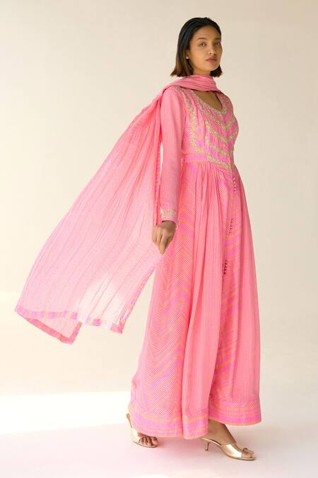 Buy_Shyam Narayan Prasad_Pink Cotton Satin, Chiffon Zari, Sequins Round Neck Printed Anarkali Pant Set _Online_at_Aza_Fashions