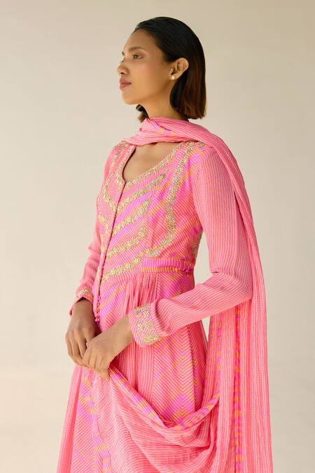 Shop_Shyam Narayan Prasad_Pink Cotton Satin, Chiffon Zari, Sequins Round Neck Printed Anarkali Pant Set _Online_at_Aza_Fashions