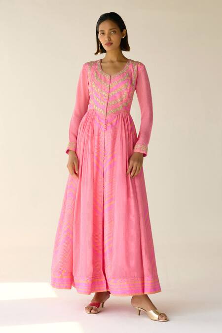 Shyam Narayan Prasad_Pink Cotton Satin, Chiffon Zari, Sequins Round Neck Printed Anarkali Pant Set _at_Aza_Fashions