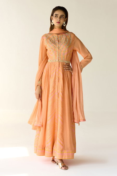 Shyam Narayan Prasad Orange Cotton Satin Printed Chevron Round Neck Stripe Anarkali Set 