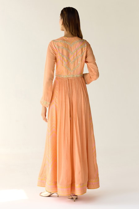 Shop_Shyam Narayan Prasad_Orange Cotton Satin, Chiffon Zari, Sequins, Beads Stripe Print Anarkali Set _at_Aza_Fashions