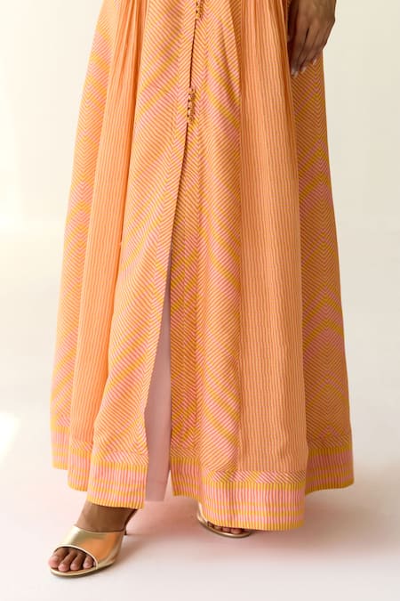 Shyam Narayan Prasad_Orange Cotton Satin, Chiffon Zari, Sequins, Beads Stripe Print Anarkali Set _Online_at_Aza_Fashions