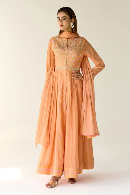Buy_Shyam Narayan Prasad_Orange Cotton Satin, Chiffon Zari, Sequins, Beads Stripe Print Anarkali Set _Online_at_Aza_Fashions