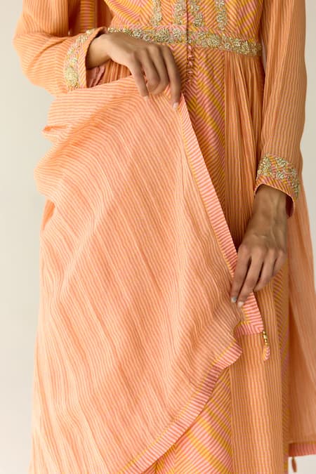 Shop_Shyam Narayan Prasad_Orange Cotton Satin, Chiffon Zari, Sequins, Beads Stripe Print Anarkali Set _Online_at_Aza_Fashions