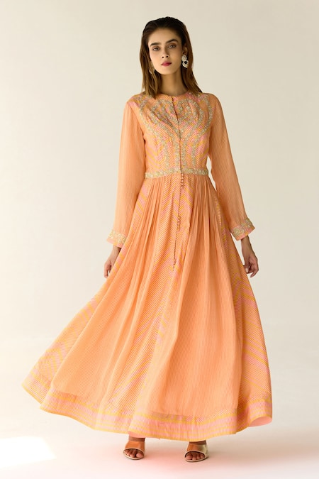 Shyam Narayan Prasad_Orange Cotton Satin, Chiffon Zari, Sequins, Beads Stripe Print Anarkali Set _at_Aza_Fashions