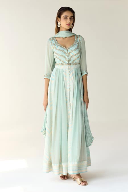 Buy_Shyam Narayan Prasad_Blue Cotton Satin, Chiffon Zari, Sequins, Beads Zardozi Embroidered Anarkali Set _Online_at_Aza_Fashions