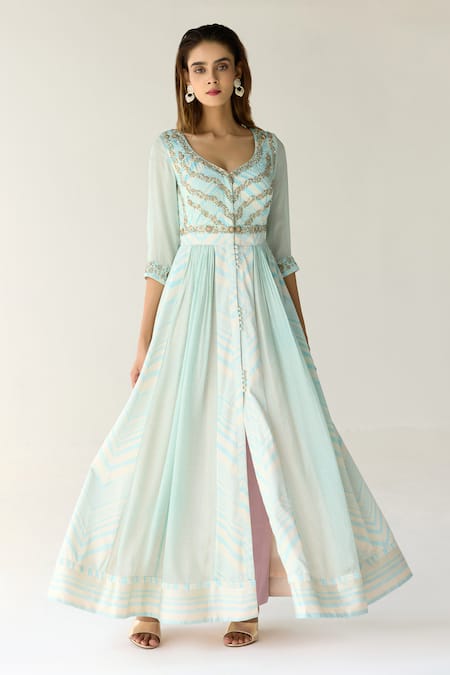 Shop_Shyam Narayan Prasad_Blue Cotton Satin, Chiffon Zari, Sequins, Beads Zardozi Embroidered Anarkali Set _Online_at_Aza_Fashions