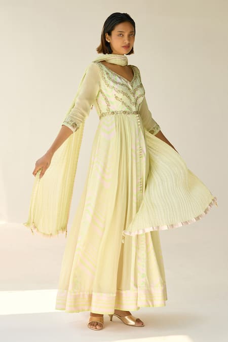 Shyam Narayan Prasad_White Cotton Satin, Chiffon Zari, Beads, Sequins Checkered Print Anarkali Set _Online_at_Aza_Fashions