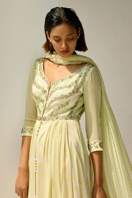 Buy_Shyam Narayan Prasad_White Cotton Satin, Chiffon Zari, Beads, Sequins Checkered Print Anarkali Set _Online_at_Aza_Fashions