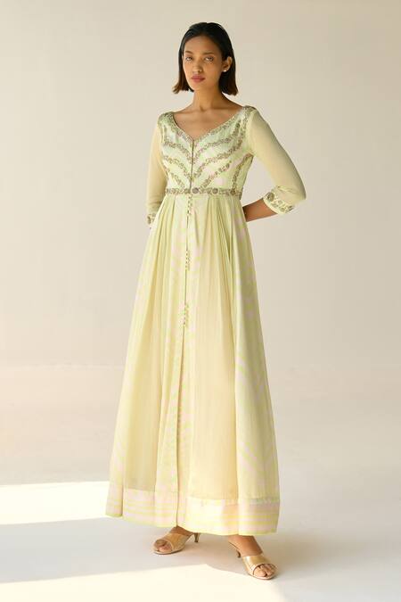 Shop_Shyam Narayan Prasad_White Cotton Satin, Chiffon Zari, Beads, Sequins Checkered Print Anarkali Set _Online_at_Aza_Fashions