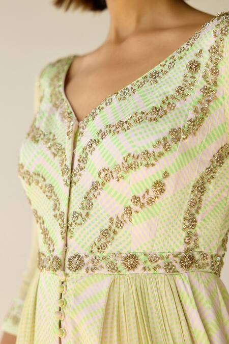 Shyam Narayan Prasad_White Cotton Satin, Chiffon Zari, Beads, Sequins Checkered Print Anarkali Set _at_Aza_Fashions