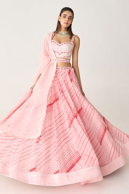 Shop_Shyam Narayan Prasad_Pink Georgette, Chiffon Gota Patti, Embroidery Leheriya Print Lehenga Set _Online_at_Aza_Fashions