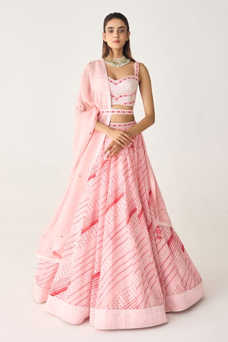 Shyam Narayan Prasad_Pink Georgette, Chiffon Gota Patti, Embroidery Leheriya Print Lehenga Set _at_Aza_Fashions