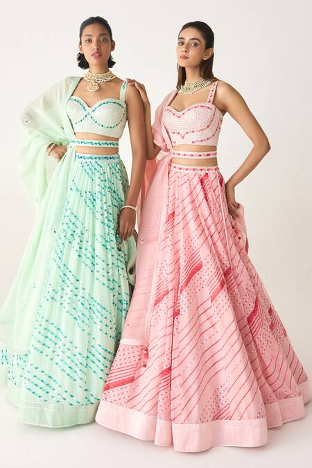 Shyam Narayan Prasad_Green Georgette, Chiffon Tassels, Gota Patti, Printed Lehenga Blouse Set _Online_at_Aza_Fashions