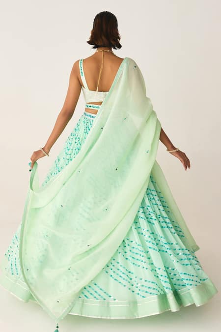 Shop_Shyam Narayan Prasad_Green Georgette, Chiffon Tassels, Gota Patti, Printed Lehenga Blouse Set _at_Aza_Fashions