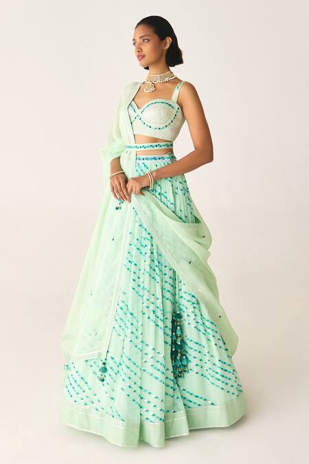 Shop_Shyam Narayan Prasad_Green Georgette, Chiffon Tassels, Gota Patti, Printed Lehenga Blouse Set _Online_at_Aza_Fashions