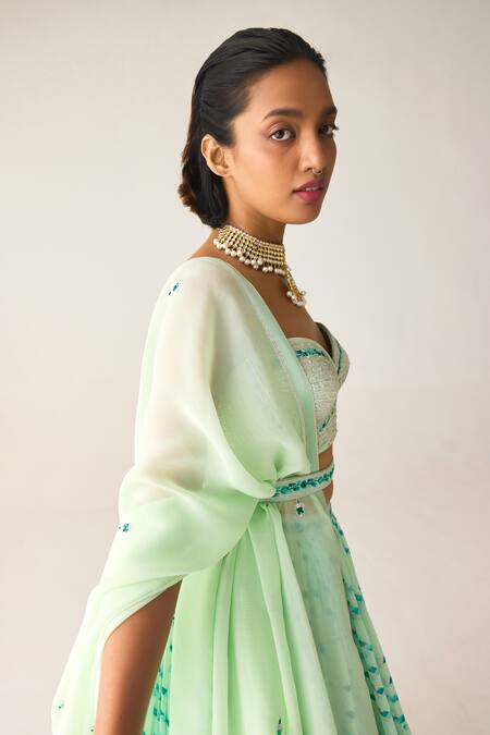 Buy_Shyam Narayan Prasad_Green Georgette, Chiffon Tassels, Gota Patti, Printed Lehenga Blouse Set 