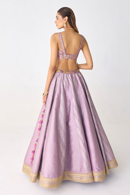 Shop_Shyam Narayan Prasad_Purple Organza, Brocade Embroidery, Zari, Mughal Floral Woven Lehenga Set _at_Aza_Fashions