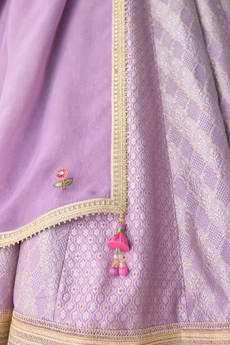 Shyam Narayan Prasad_Purple Organza, Brocade Embroidery, Zari, Mughal Floral Woven Lehenga Set _Online_at_Aza_Fashions