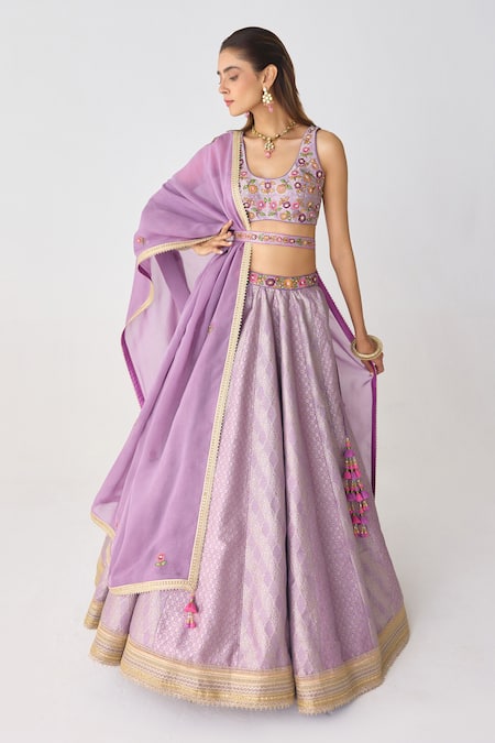 Buy_Shyam Narayan Prasad_Purple Organza, Brocade Embroidery, Zari, Mughal Floral Woven Lehenga Set _Online_at_Aza_Fashions