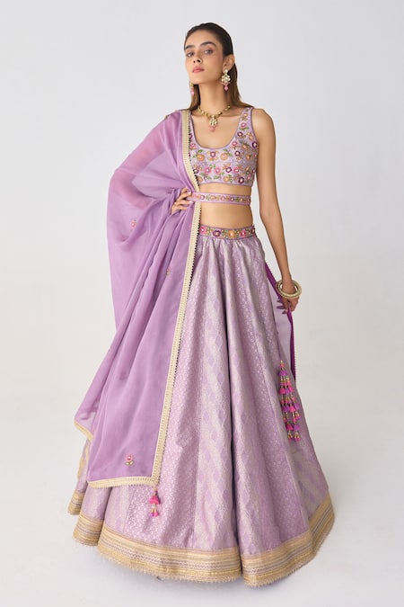 Shop_Shyam Narayan Prasad_Purple Organza, Brocade Embroidery, Zari, Mughal Floral Woven Lehenga Set _Online_at_Aza_Fashions