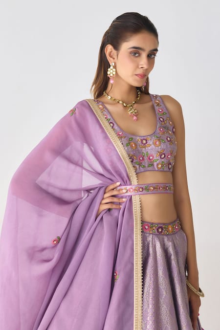 Shyam Narayan Prasad_Purple Organza, Brocade Embroidery, Zari, Mughal Floral Woven Lehenga Set _at_Aza_Fashions