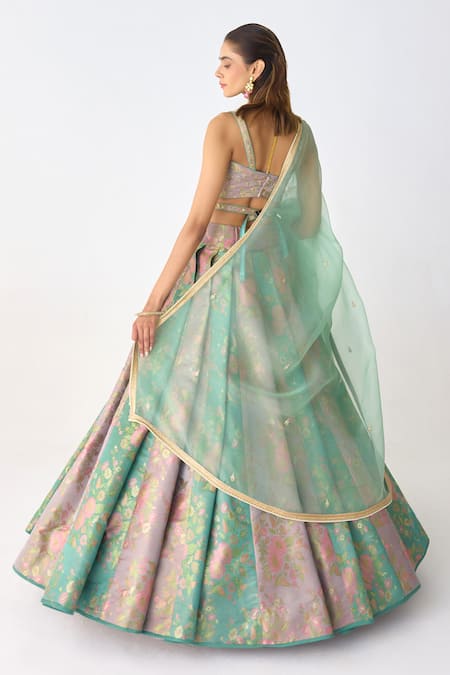 Shop_Shyam Narayan Prasad_Purple Organza, Brocade Embroidery, Zari, Lace Floral Woven Pleated Lehenga Set _at_Aza_Fashions