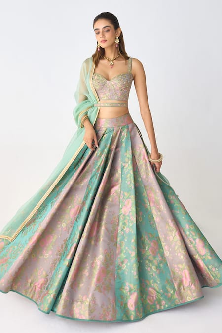 Shyam Narayan Prasad_Purple Organza, Brocade Embroidery, Zari, Lace Floral Woven Pleated Lehenga Set _Online_at_Aza_Fashions