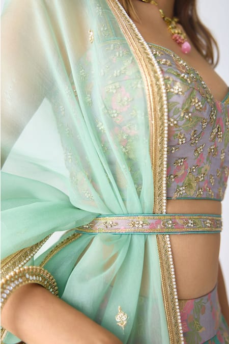 Buy_Shyam Narayan Prasad_Purple Organza, Brocade Embroidery, Zari, Lace Floral Woven Pleated Lehenga Set _Online_at_Aza_Fashions