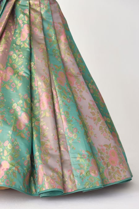 Shop_Shyam Narayan Prasad_Purple Organza, Brocade Embroidery, Zari, Lace Floral Woven Pleated Lehenga Set _Online_at_Aza_Fashions