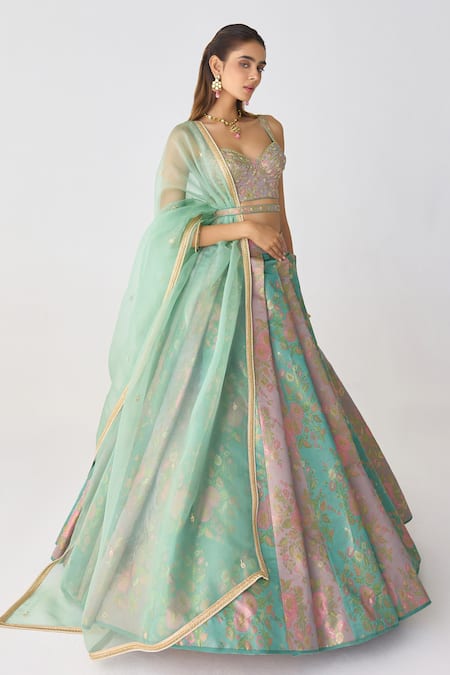 Shyam Narayan Prasad_Purple Organza, Brocade Embroidery, Zari, Lace Floral Woven Pleated Lehenga Set _at_Aza_Fashions